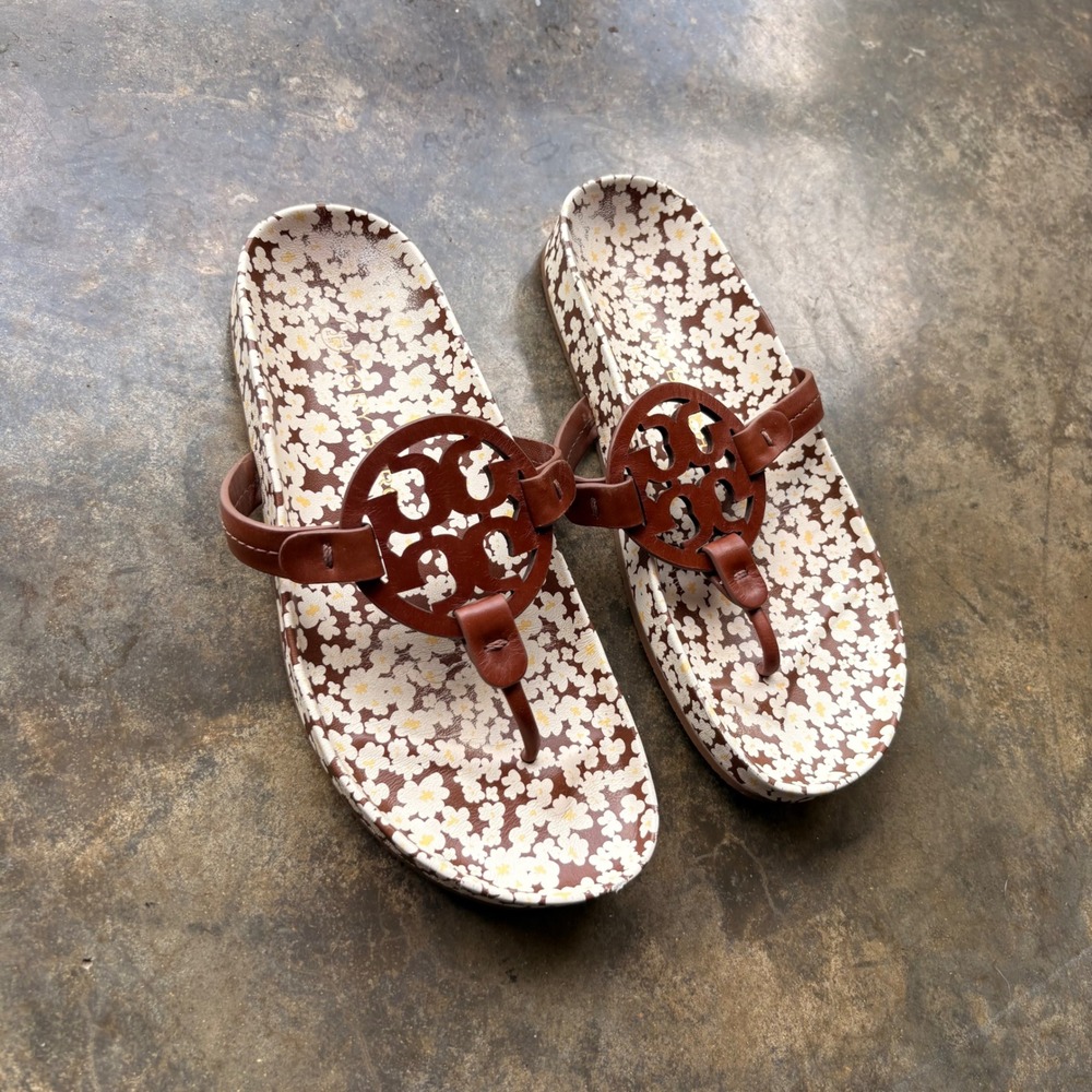 Tory Burch Miller Cloud Sandals Brown White Daisy Floral Logo Thong Slides 6.5M